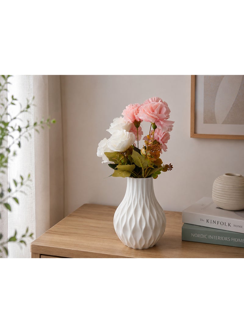 White Textured Vase with Artificial Pink and White Flowers, Home Decor Table Centrepiece - Image 2