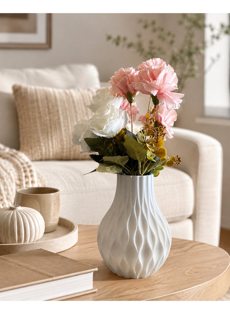 White Textured Vase with Artificial Pink and White Flowers, Home Decor Table Centrepiece - Image 5