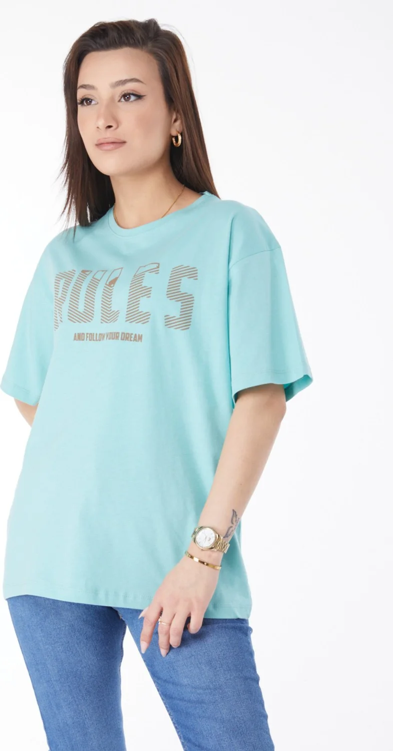 Tofisa 24631-MINT Crew Neck Short Sleeve Printed T-Shirt