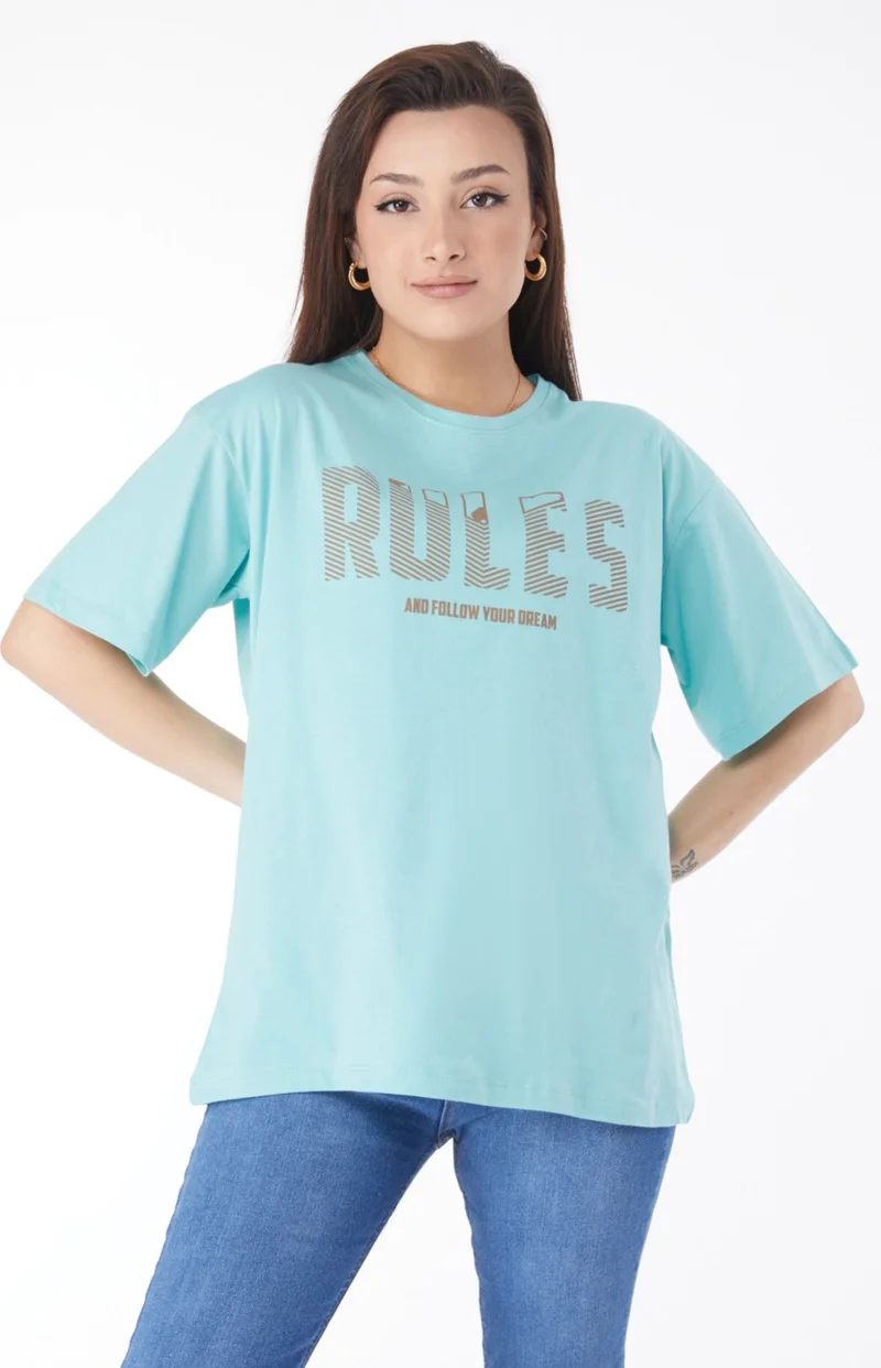 Tofisa 24631-MINT Crew Neck Short Sleeve Printed T-Shirt