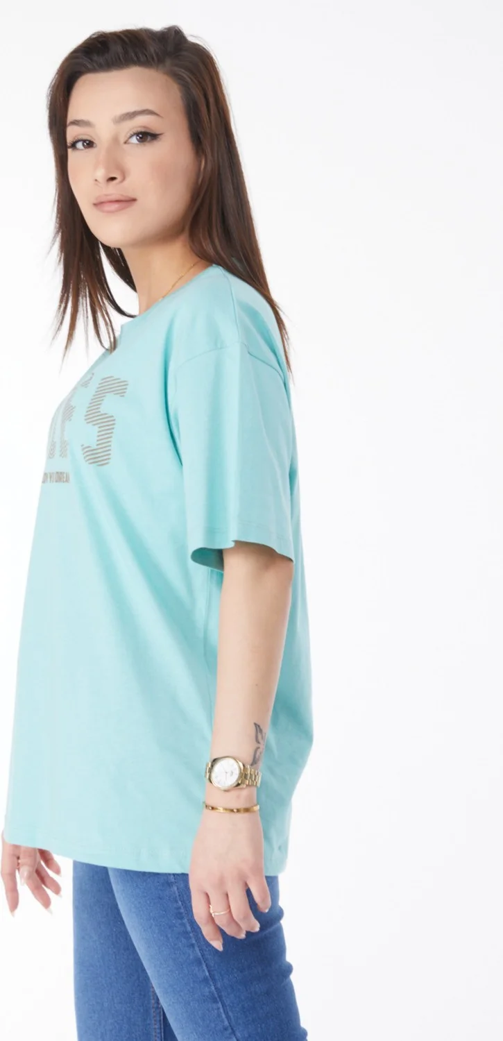 Tofisa 24631-MINT Crew Neck Short Sleeve Printed T-Shirt