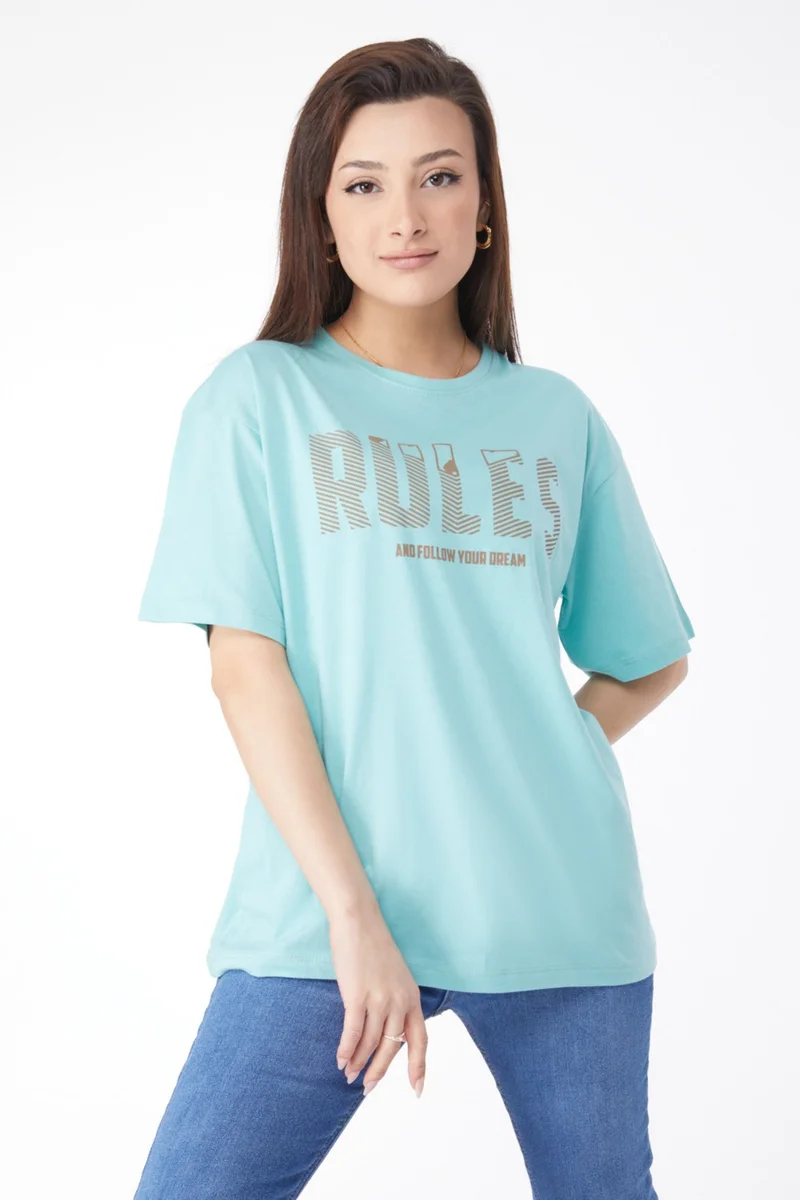 Tofisa 24631-MINT Crew Neck Short Sleeve Printed T-Shirt