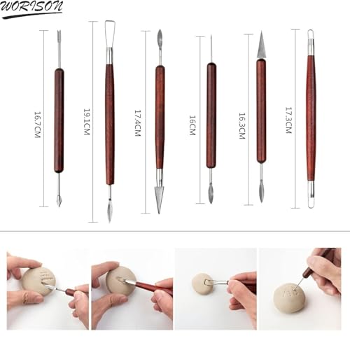 worison 6 Piece Double-Ended Clay Sculpting Tools – Stainless Steel Tips with Wooden Handles, Pottery Tools for Carving, Embossing, Shaping & Detailing, Ideal for Clay, Ceramics and Craft Projects - Image 2