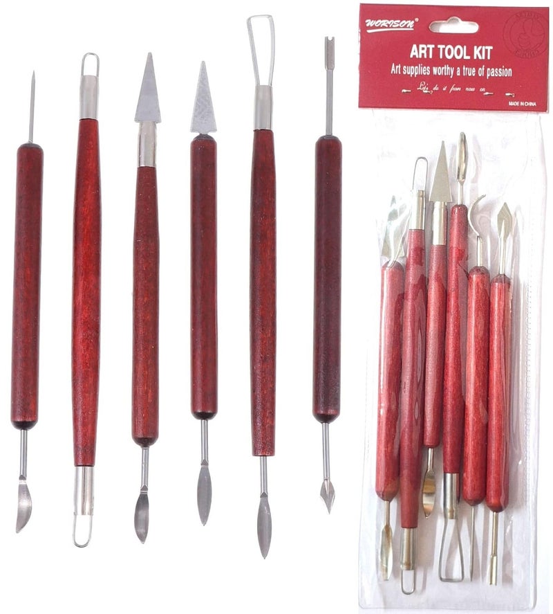 worison 6 Piece Double-Ended Clay Sculpting Tools – Stainless Steel Tips with Wooden Handles, Pottery Tools for Carving, Embossing, Shaping & Detailing, Ideal for Clay, Ceramics and Craft Projects - Image 1
