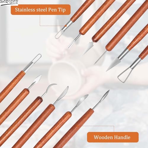 worison 6 Piece Double-Ended Clay Sculpting Tools – Stainless Steel Tips with Wooden Handles, Pottery Tools for Carving, Embossing, Shaping & Detailing, Ideal for Clay, Ceramics and Craft Projects - Image 4
