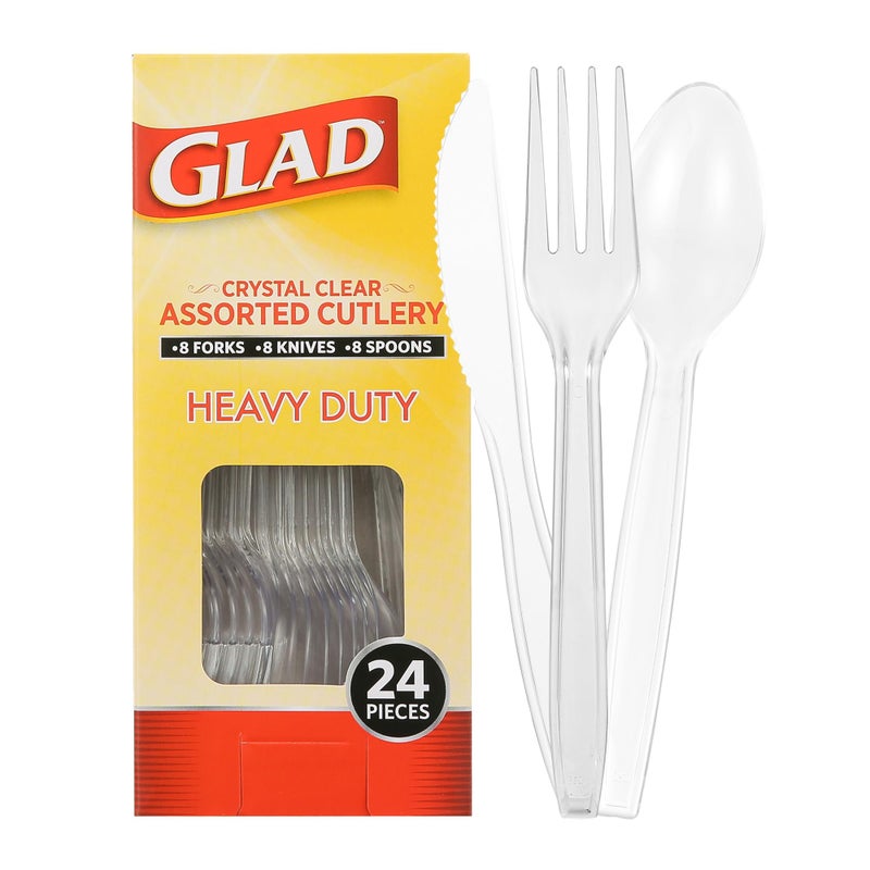 Glad Crystal Clear Assorted Plastic Cutlery - 24 Count Fork Knife and Spoon Set - Reusable Heavy Duty Plastic Utensils - Assorted Disposable Spoons  Forks  Knives - Perfect Plastic Ware for Parties - Image 1