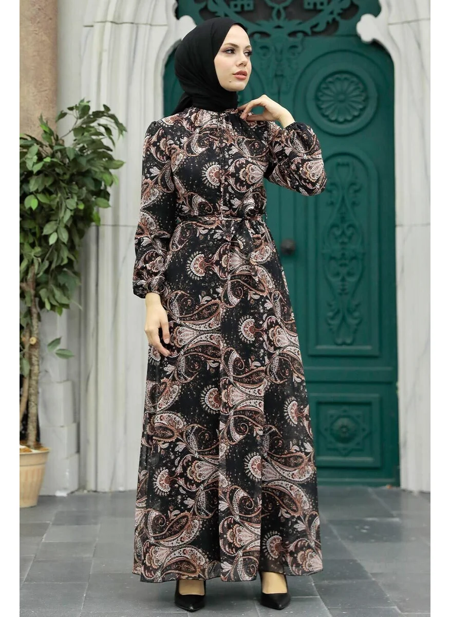 Neva Style - Flower Patterned Tile Hijab Dress 279081KRMT