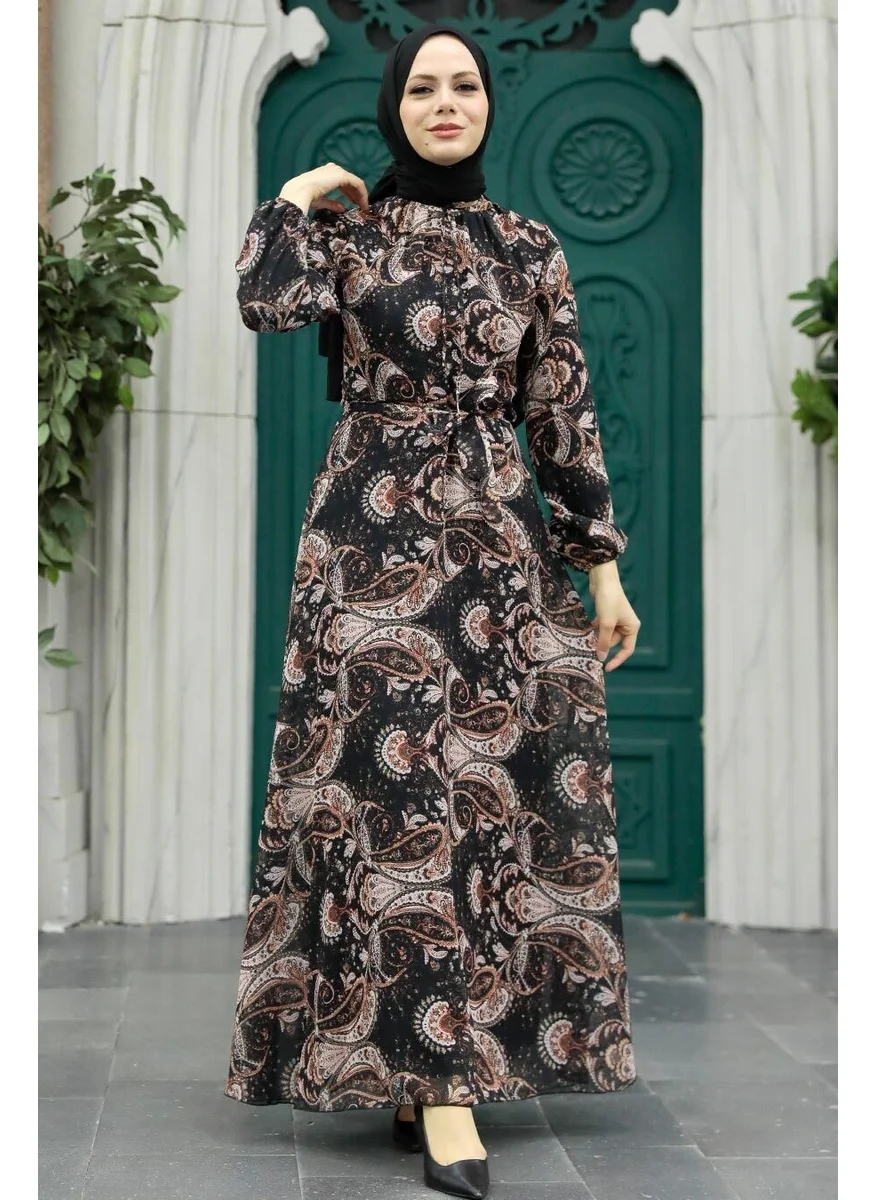 Neva Style - Flower Patterned Tile Hijab Dress 279081KRMT