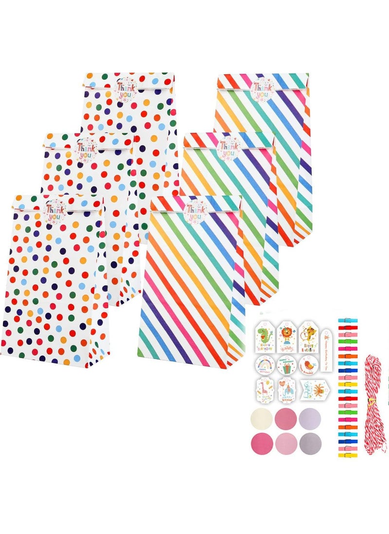 HASTHIP HASTHIP® 20Pcs Paper Gift Bags Candy Gift Bags Color Dots Strips Gift Bags with Stickers, Colorful Wooden Clips, Cute Tags, 10m Cotton Cord, Colorful Paper Gift Bag for Party Favor, Wedding Favor  - Image 1