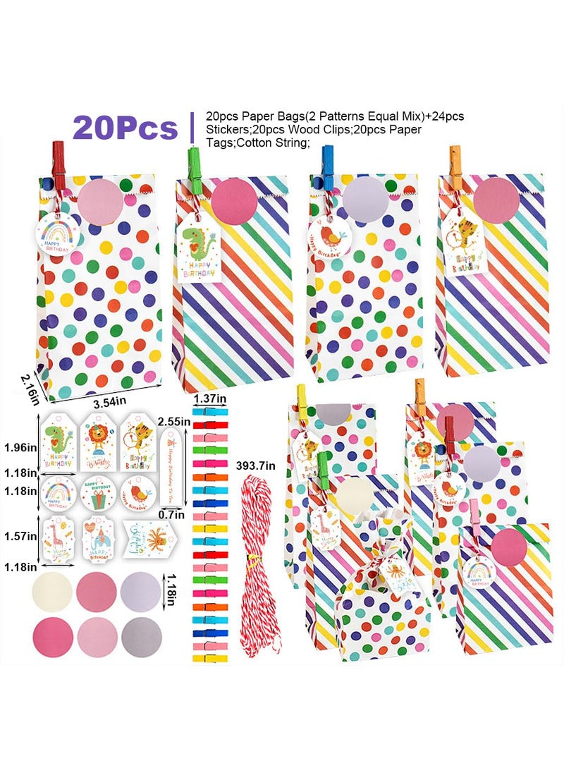 HASTHIP HASTHIP® 20Pcs Paper Gift Bags Candy Gift Bags Color Dots Strips Gift Bags with Stickers, Colorful Wooden Clips, Cute Tags, 10m Cotton Cord, Colorful Paper Gift Bag for Party Favor, Wedding Favor  - Image 2