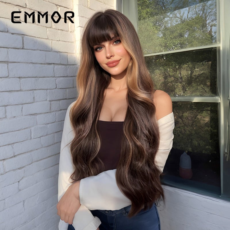 Emmor Cross-Border Supply Full Head Long Wavy Hair Wig with Bangs, Natural and Fluffy