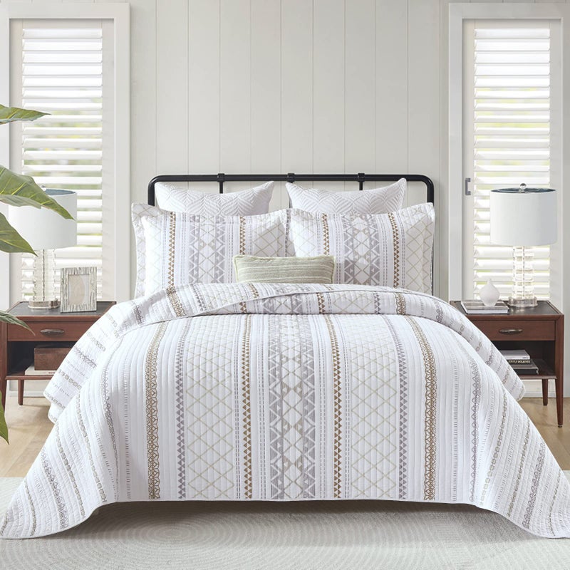 DUOHONG Queen Quilt Set 100 Cotton Queen Size Quilted Bedspread Reversible Boho Striped Bed Spread Lightweight Comforter for All Season 3 Pieces WhiteBrownGrey