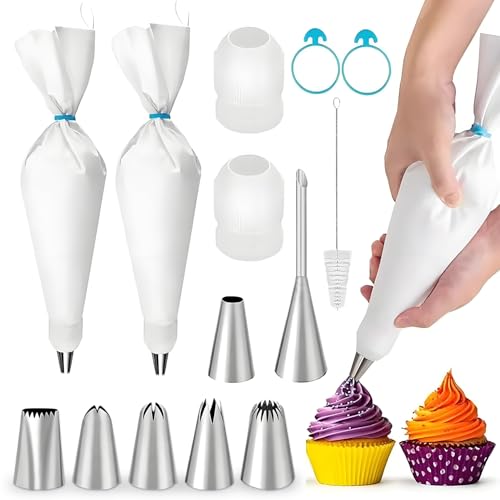Guokoo 14PCS Reusable Piping Bags and Tips Set 2PCS 16Inch Pastry Bags 7 Piping Tips 2 Couplers 2 Silicone Rings Cleaning Brushfor Cake Decorating Cupcakes Cookies Home Bakers Chefs - Image 1