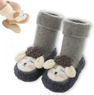 Baby Cartoon Plush Cotton Toddler Shoes,Boy Girls Toddlers Thickened Animal Non-Skid Indoor Slipper Winter Warm Shoes Socks (Grey,11cm-for 0-6Months)