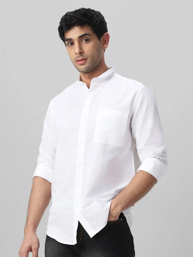 Urbano Fashion Men's White Cotton Full Sleeve Regular Fit Casual Solid Shirt with Band Collar