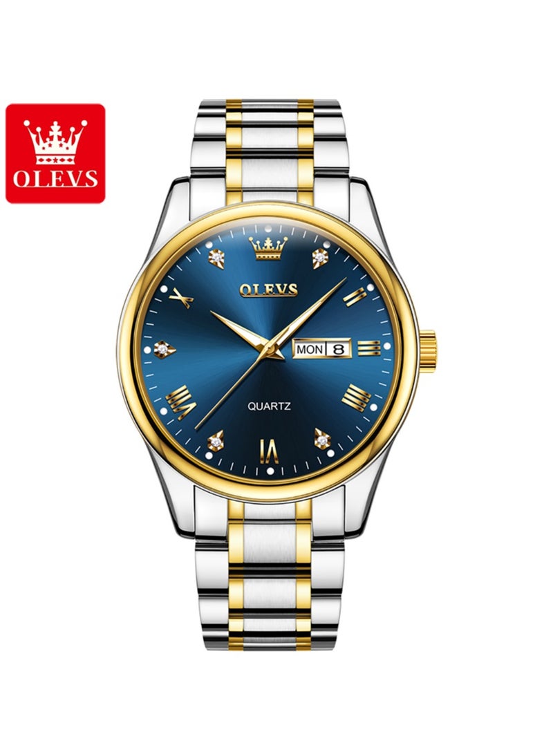 أوليفز OLEVS ساعة أعمال رجالية فاخرة – علامات مرصعة، وجه أزرق مع سوار ذهبي-فضي