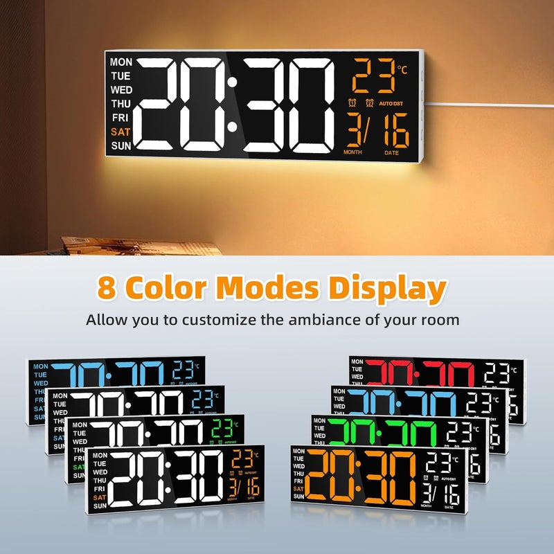 ماكس ستار ساعة حائط رقمية كبيرة من ماكستار مقاس 16 بوصة مع شاشة LED وتحكم عن بعد RGB 8، إنذاران مزدوجان للضوضاء، توقيت صيفي، درجة حرارة، تاريخ، ضوء ليلي لغرفة النوم/المكتب/غرفة المعيشة/صالة الألعاب الرياضية/غرفة الألعاب - Image 3
