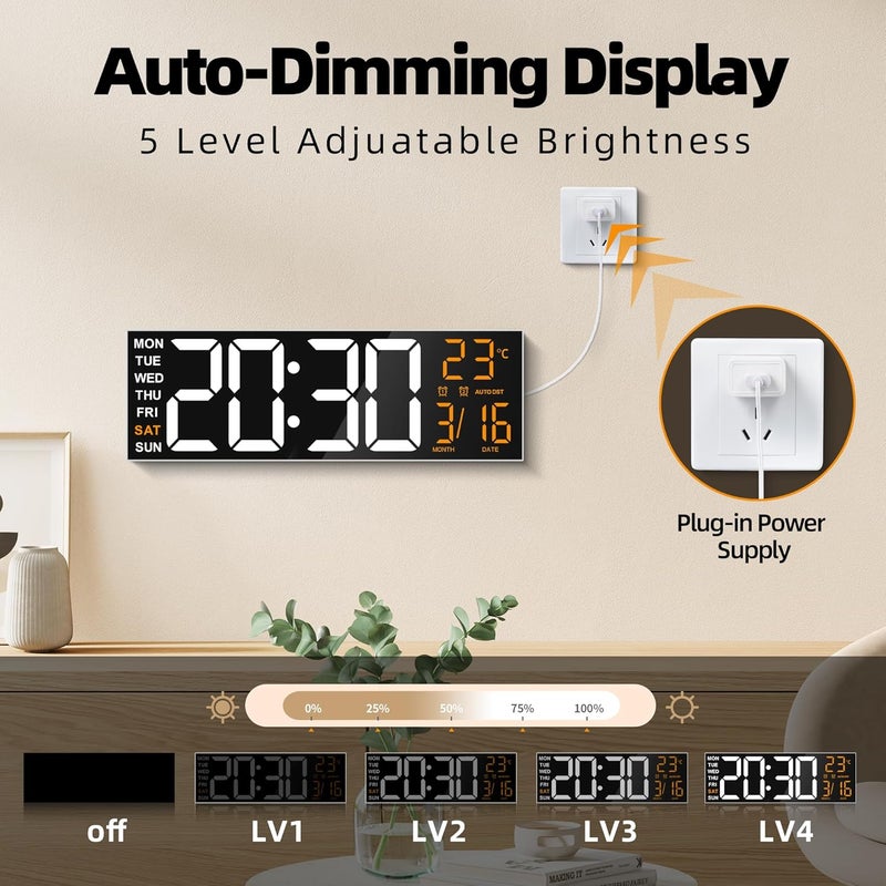 ماكس ستار ساعة حائط رقمية كبيرة من ماكستار مقاس 16 بوصة مع شاشة LED وتحكم عن بعد RGB 8، إنذاران مزدوجان للضوضاء، توقيت صيفي، درجة حرارة، تاريخ، ضوء ليلي لغرفة النوم/المكتب/غرفة المعيشة/صالة الألعاب الرياضية/غرفة الألعاب - Image 4