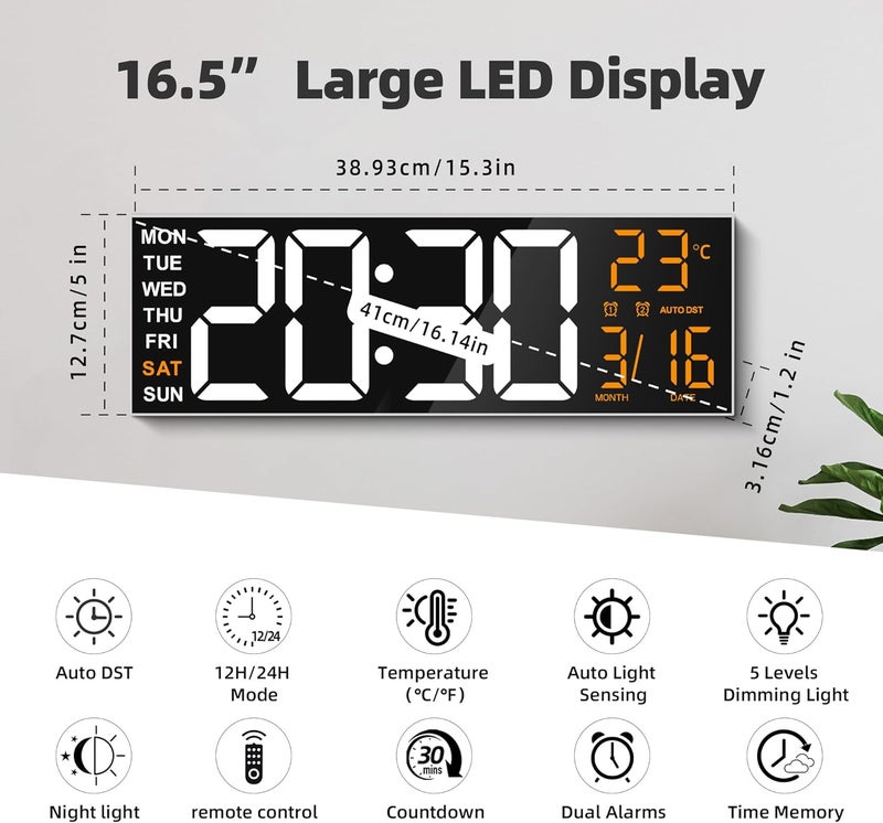 ماكس ستار ساعة حائط رقمية كبيرة من ماكستار مقاس 16 بوصة مع شاشة LED وتحكم عن بعد RGB 8، إنذاران مزدوجان للضوضاء، توقيت صيفي، درجة حرارة، تاريخ، ضوء ليلي لغرفة النوم/المكتب/غرفة المعيشة/صالة الألعاب الرياضية/غرفة الألعاب - Image 2