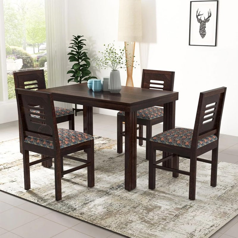 HANDWOOD FURNITURE Premium Sheesham Wood Dining Table45x30 with 4 Chairs 4 Seater Dining Set Wooden Dining Table with Chair Dining Room Furniture Walnut Finish with Printed Cushions