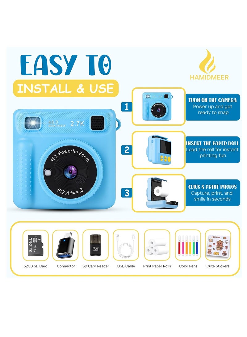 Hamidmeer Camera for Kids with 1080p Video, Photos, Games & Rechargeable Battery | Digital Instant Print Camera with Print Paper, 32GB SD Card & Color Pens | Birthday Gift for Boys & Girls Ages 3-12 Years - Image 4