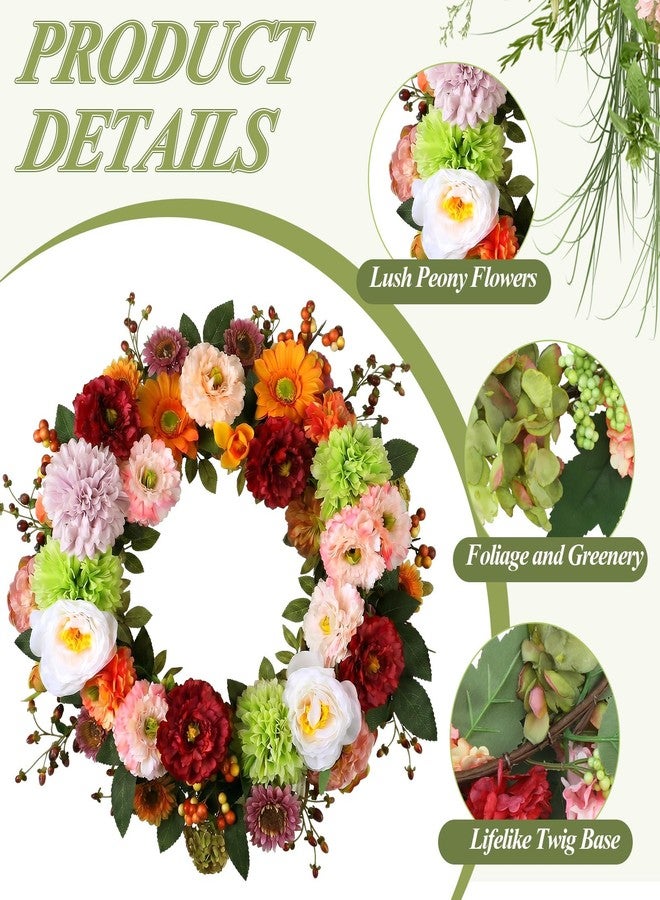 Dingion 23 Inch Spring Peony Wreath for Front Door Spring Front Door Wreaths Indoors Outdoor Decor Large Floral Wreath for Wall Wedding Party Farmhouse Decor, Porch Decoration - Image 3