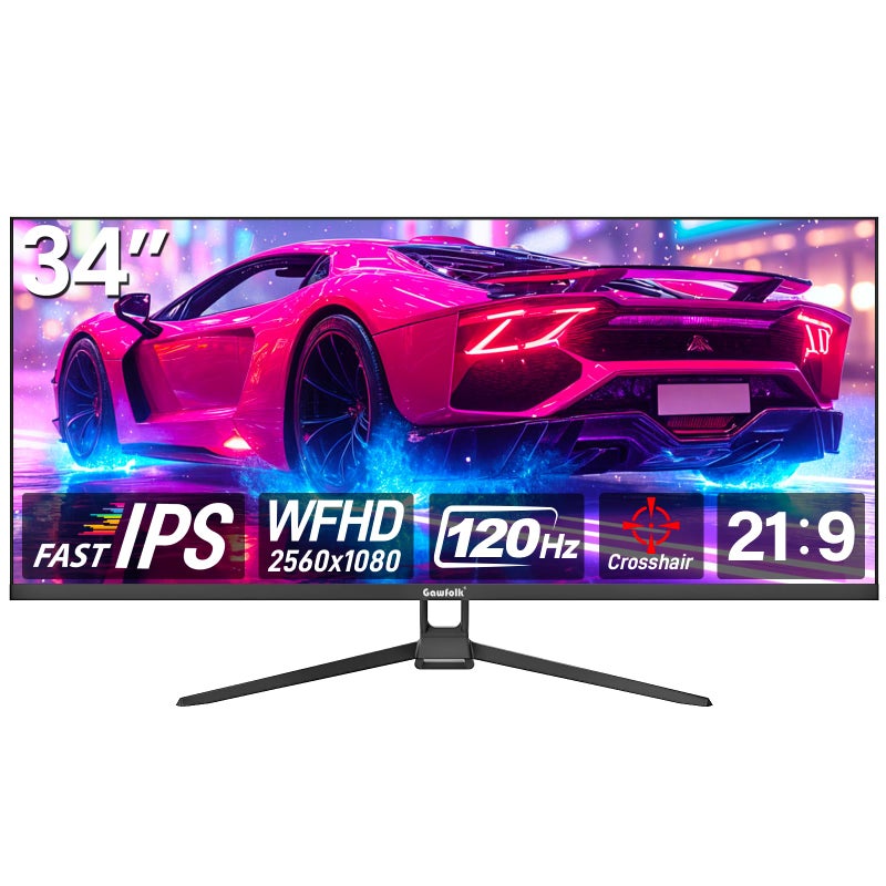 Gawfolk شاشة الألعاب غوفولك 34 بوصة IPS 120Hz، شاشة كمبيوتر عريضة 2560×1080P رفيعة جداً بدون إطار للاستخدام المنزلي والمكتبي، DP، HDMI، قابلة للتعليق على الحائط، سوداء - Image 1
