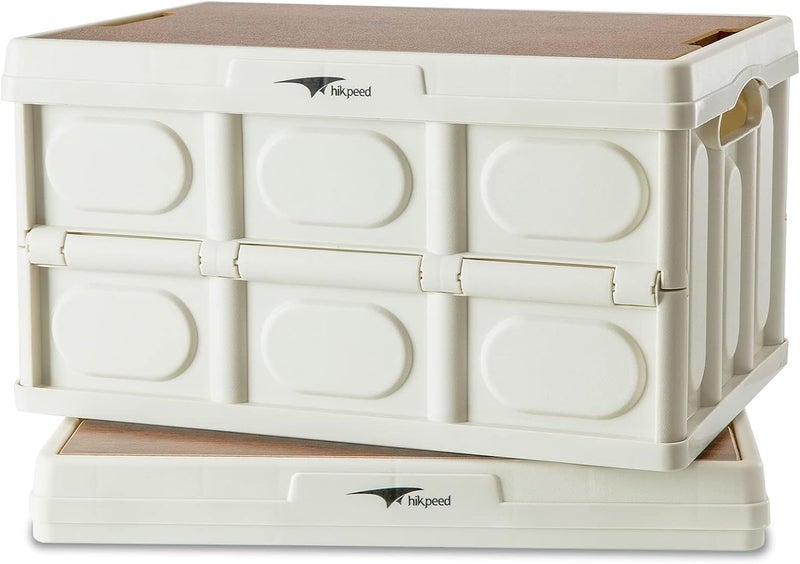 Collapsible Storage Bins with Wood Lids, Large Foldable Plastic Storage Bins, Heavy Duty Folding Storage Box Organizer Container for Outdoor Camping Picnic Indoor Home Room Closet （50L） - Image 1