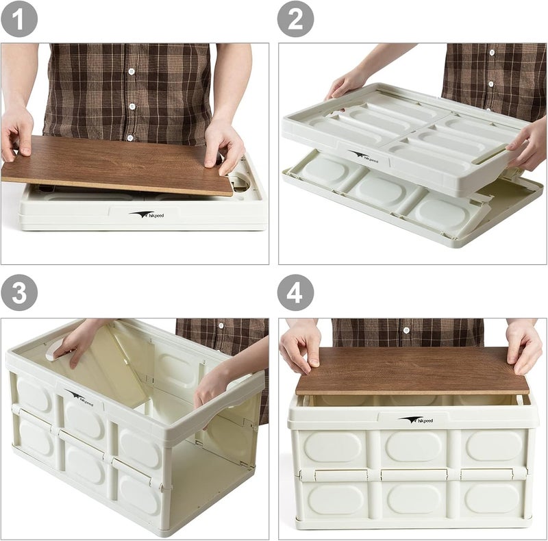 Collapsible Storage Bins with Wood Lids, Large Foldable Plastic Storage Bins, Heavy Duty Folding Storage Box Organizer Container for Outdoor Camping Picnic Indoor Home Room Closet （50L） - Image 4