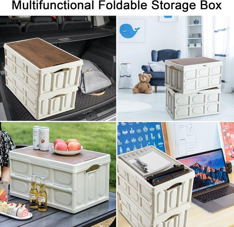 Collapsible Storage Bins with Wood Lids, Large Foldable Plastic Storage Bins, Heavy Duty Folding Storage Box Organizer Container for Outdoor Camping Picnic Indoor Home Room Closet （50L） - Image 3