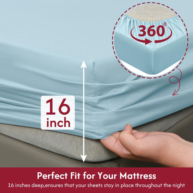 LONAVA Full Size Sheet Set - 6 Piece Hotel Luxury Wrinkle-Free Microfiber Sheet  Oeko-TEX Certified  Breathable & Elastic  16"" Deep Pockets  Light Blue - Image 3