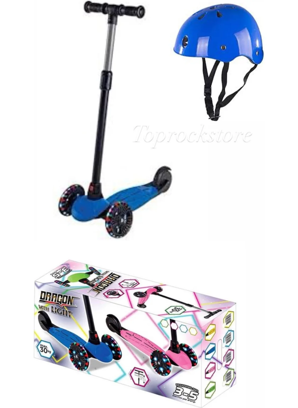 Toprock Store Lighted Child Scooter with Adjustable Steering Wheel - Helmet