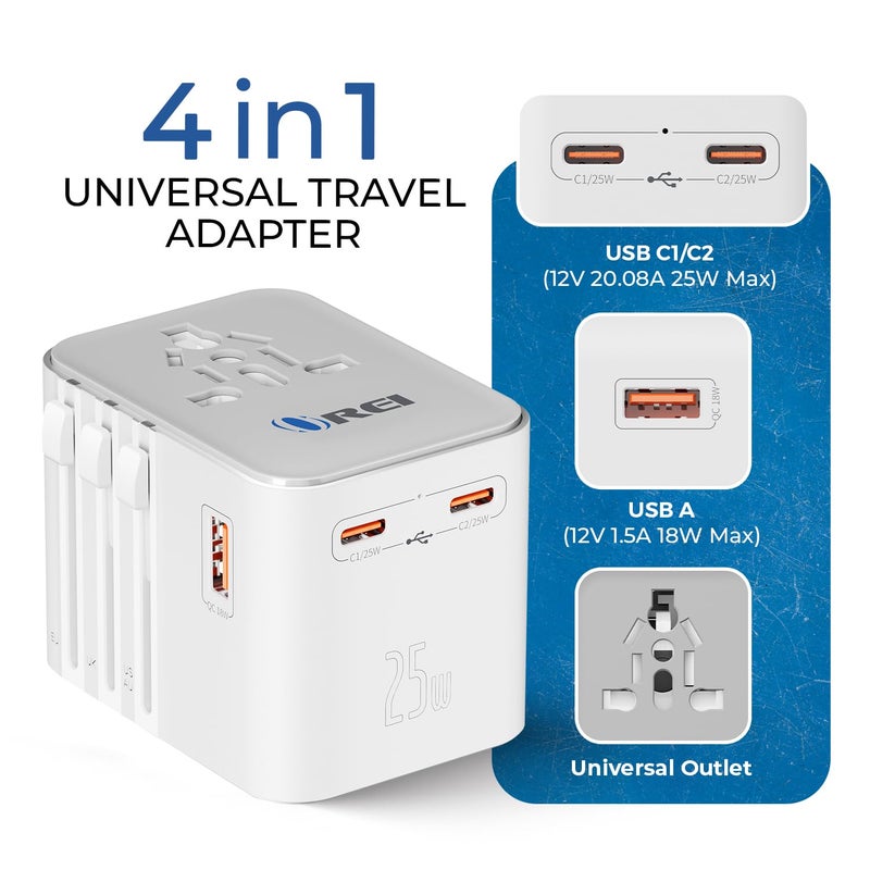 OREI 25Watt Universal Charger Adapter 2X USBC 1XUSB A 4in1 International Travel Adapter 10 Years Warranty Universal Travel Adapter Compatible 150 Countries Type C A G I Compatible - Image 2