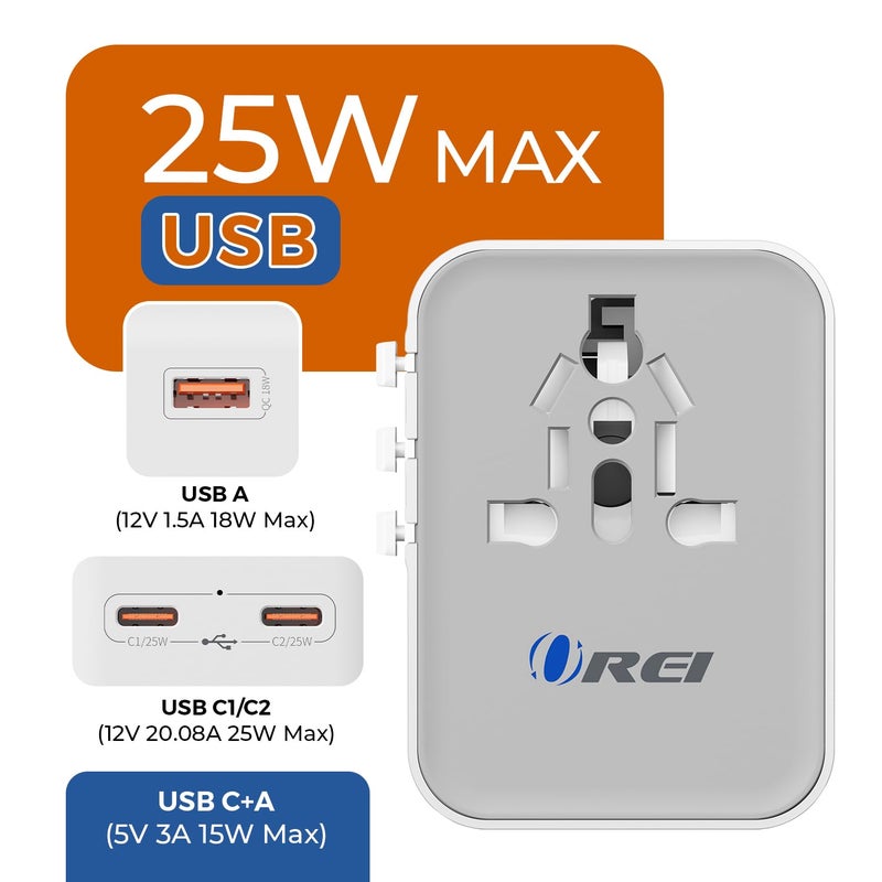OREI 25Watt Universal Charger Adapter 2X USBC 1XUSB A 4in1 International Travel Adapter 10 Years Warranty Universal Travel Adapter Compatible 150 Countries Type C A G I Compatible - Image 3