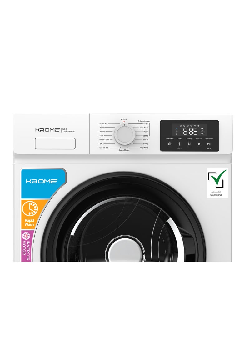 كروم Krome | KR-WFL606WIW | 6kg Front Load Washing Machine with BLDC Inverter Motor | 1200 RPM | Class A Energy Efficient | 3D Steam & High Temperature Sterilization | 15 Wash Programs | Slim Design | Add Clothes | Child Lock 6 kg KR-WFL606WIW white - Image 3