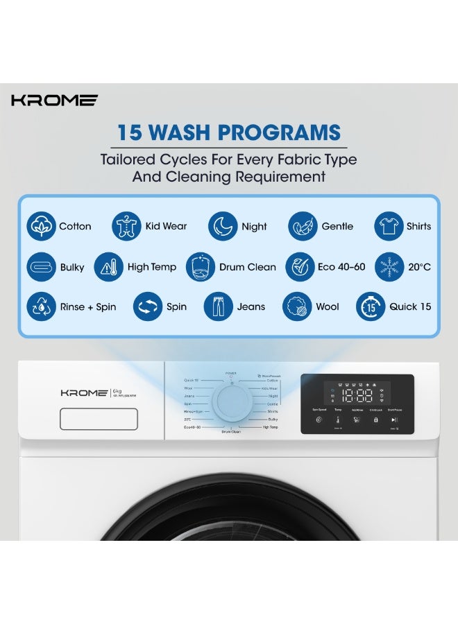 كروم Krome | KR-WFL606WIW | 6kg Front Load Washing Machine with BLDC Inverter Motor | 1200 RPM | Class A Energy Efficient | 3D Steam & High Temperature Sterilization | 15 Wash Programs | Slim Design | Add Clothes | Child Lock 6 kg KR-WFL606WIW white - Image 4