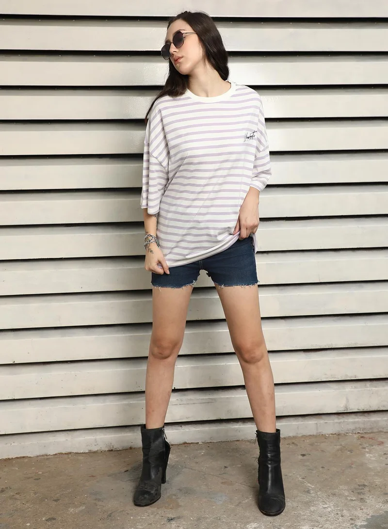 هاي ستار Women's Lavender 100% Cotton Striped Oversized T-Shirt
