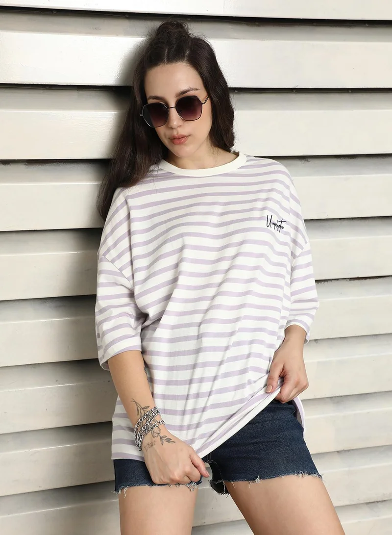 هاي ستار Women's Lavender 100% Cotton Striped Oversized T-Shirt