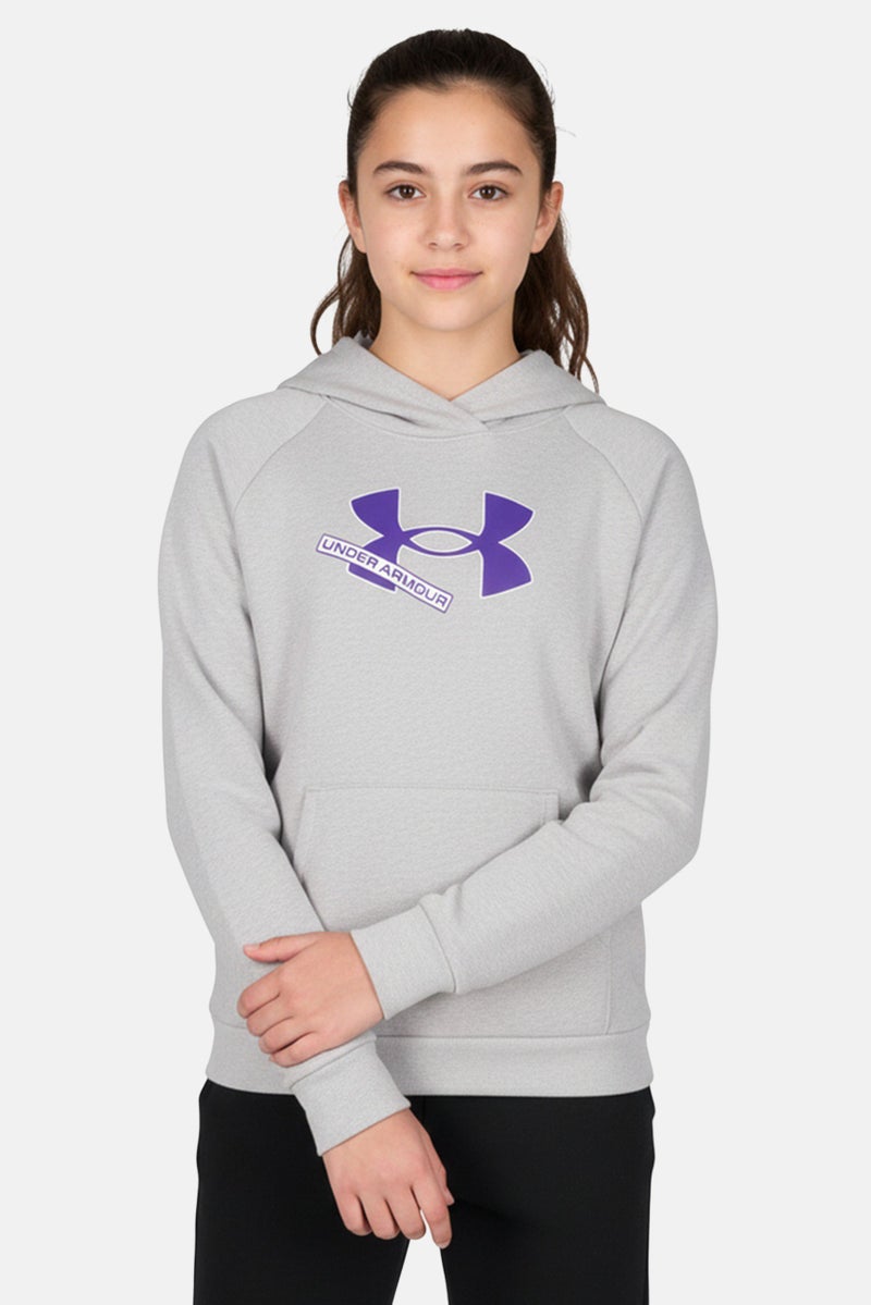 UNDER ARMOUR Kids Girl Loose Fit Long Sleeve Training Hoodie, Grey - Image 1