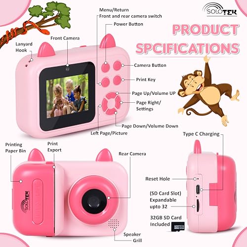 SOLOtek S6 Instant Camera for Kids with Print - 1080P HD, 48MP, 32GB SD Card,3 Rolls Print Paper with Shoulder Strap | Instant Photo Camera with Video Recorder, Games & Photo Filters| 1-Year Warranty - Image 2