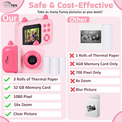 SOLOtek S6 Instant Camera for Kids with Print - 1080P HD, 48MP, 32GB SD Card,3 Rolls Print Paper with Shoulder Strap | Instant Photo Camera with Video Recorder, Games & Photo Filters| 1-Year Warranty - Image 3