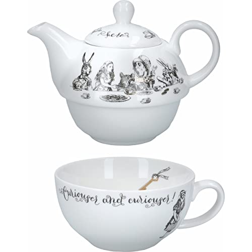 Va V&A Alice in Wonderland Teapot and Cup Set For 1 in Gift Box, Fine China Tea Set, White, 250 ml - Image 1