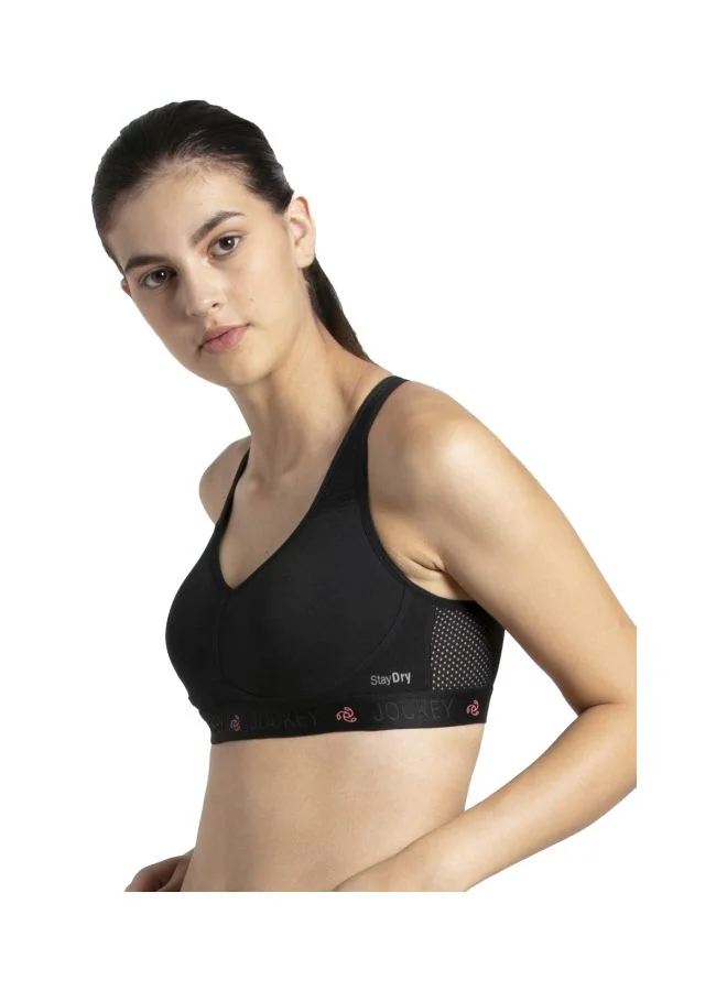 Jockey BLACK AP21 Women Wire free Padded Tactile Nylon Elastane Stretch Full Coverage Optional Cross Back Styling Sports Bra with Stay Dry Treatment for Women | Best Price UAE