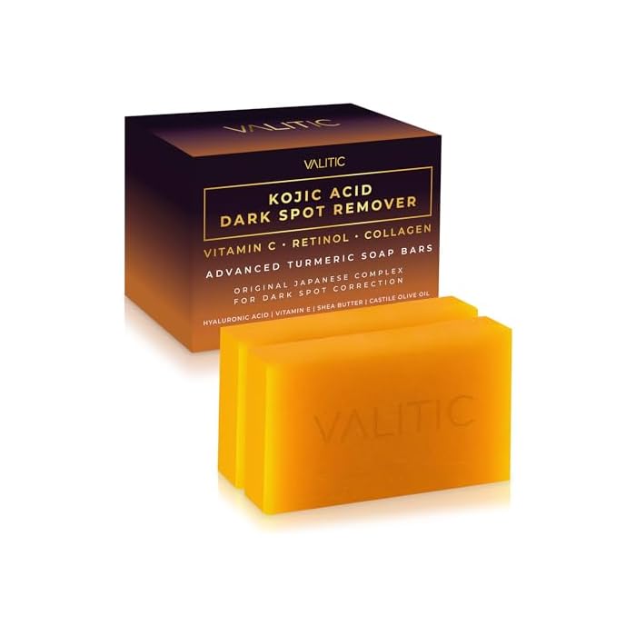 VALITIC Kojic Acid Dark Spot Remover Soap Bars with Vitamin C, Retinol, Collagen, Turmeric - Original Japanese Complex Infused with Hyaluronic Acid, Vitamin E, Shea Butter, Castile Olive Oil (2 Pack)