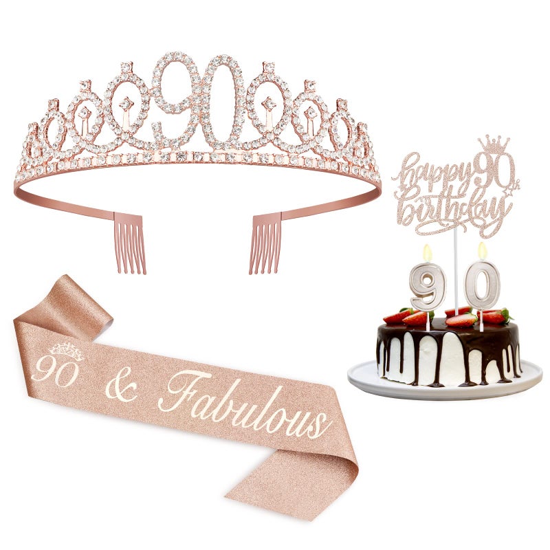 90th Birthday Decorations Women Including CrownTiara Sash Cake Topper and Candles Happy 90th Birthday Decorations for Women
