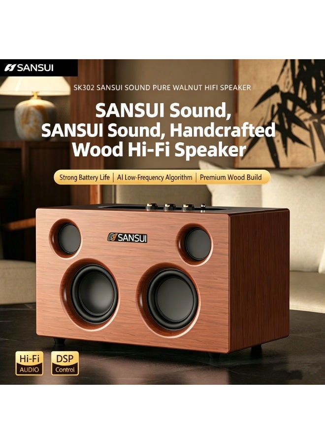سانسوي مكبر صوت SANSUI SK302 عالي الجودة من الخشب الكامل مع بلوتوث، بطارية كبيرة بسعة 12000 مللي أمبير، صوت ستيريو بأربعة سماعات، بلوتوث 5.4 ودعم تشغيل USB وAUX للمنزل والتخييم والمكتب - Image 2