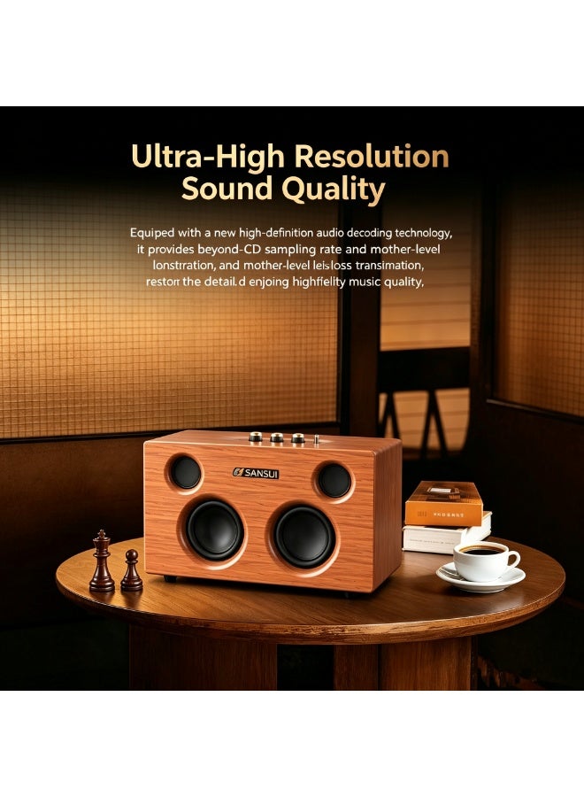 سانسوي مكبر صوت SANSUI SK302 عالي الجودة من الخشب الكامل مع بلوتوث، بطارية كبيرة بسعة 12000 مللي أمبير، صوت ستيريو بأربعة سماعات، بلوتوث 5.4 ودعم تشغيل USB وAUX للمنزل والتخييم والمكتب - Image 4