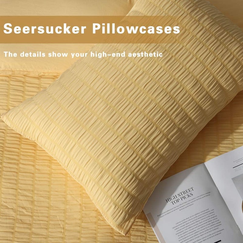 AveLom Seersucker Duvet Cover Set Queen Size (90 x 90 inches), 3 Pieces (1 Duvet Cover + 2 Pillow Cases), Yellow Ultra Soft Washed Microfiber, Textured Duvet Cover with Zipper Closure, Corner Ties - Image 5