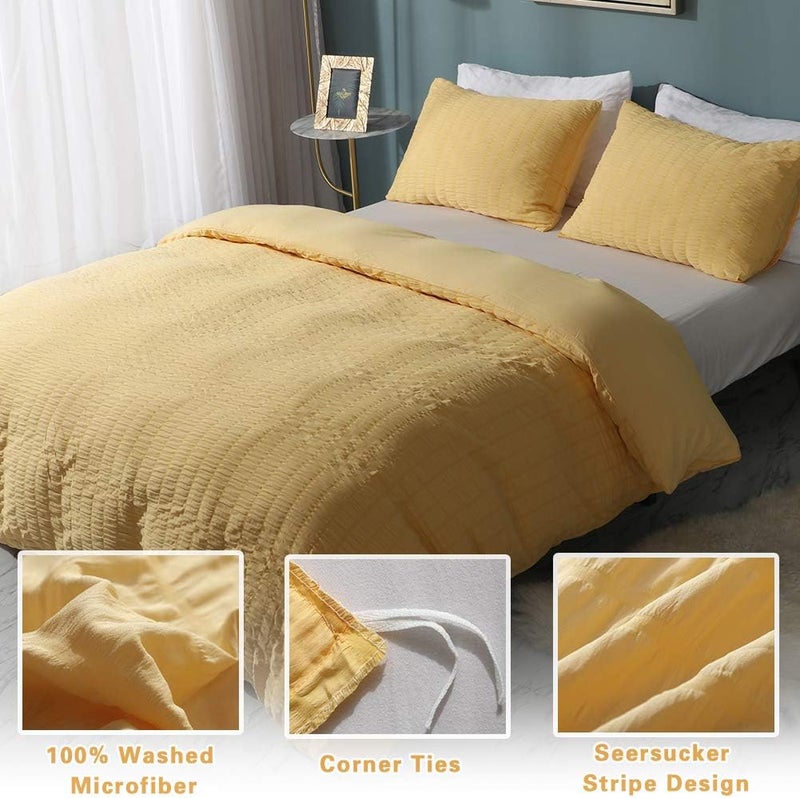 AveLom Seersucker Duvet Cover Set Queen Size (90 x 90 inches), 3 Pieces (1 Duvet Cover + 2 Pillow Cases), Yellow Ultra Soft Washed Microfiber, Textured Duvet Cover with Zipper Closure, Corner Ties - Image 2