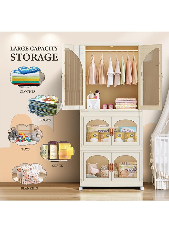CityRiya-Long Kids Wardrobe Baby Closet Storage Organizer Portable Children Clothes Cabinet Storage Rack Toddler Dresser with Hanging Rod and Wheels for Boys Girls Clothing Nursery Armoire White  - Image 2